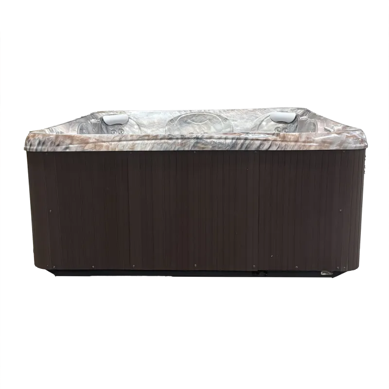 Rectangular outdoor hot tub with brown exterior panels and marble-patterned interior with headrests.