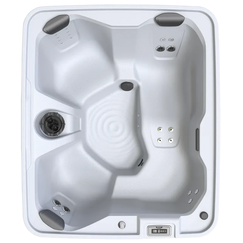Top view of a modern white hot tub with ergonomic seats, multiple jets, headrests, and control panel.