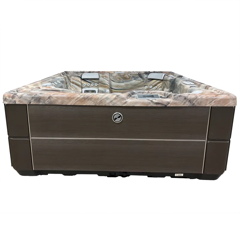 Modern outdoor hot tub with marble-patterned interior and dark wood exterior paneling, viewed from the front.