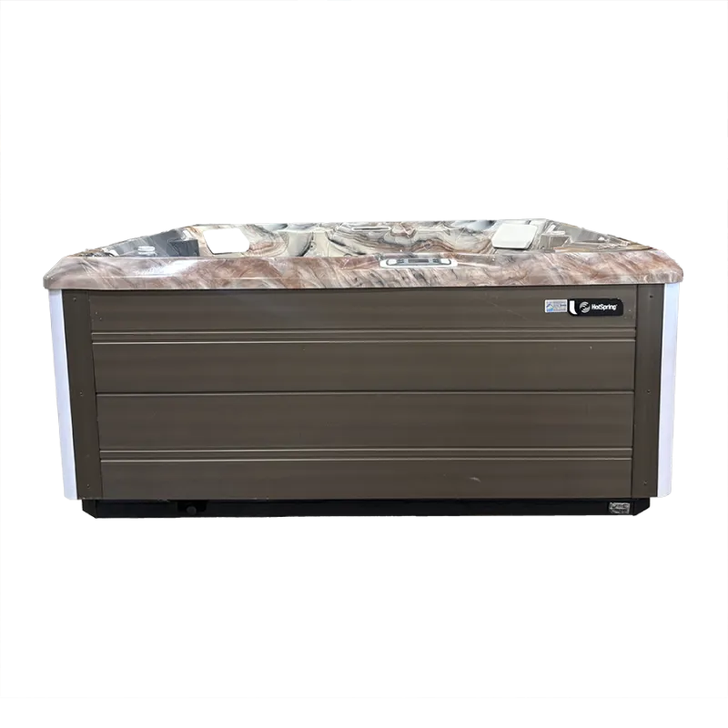 Modern HotSpring hot tub with marbled interior and brown exterior panels isolated on black background