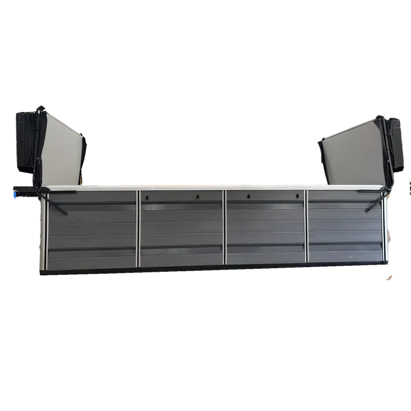 Metal storage cabinet with multiple drawers and open top compartments on both ends, industrial design.