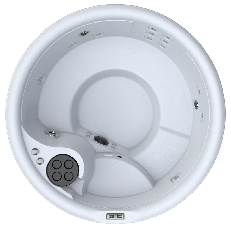 Top view of a round white hot tub with multiple jets and built-in seating areas