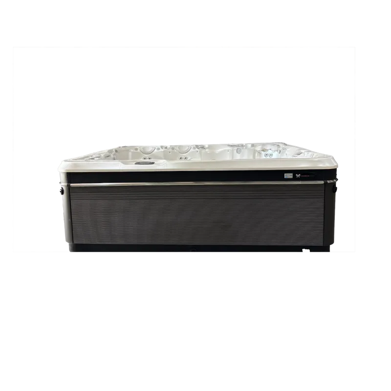 Modern rectangular hot tub with multiple jets and dark wooden exterior paneling on a black background