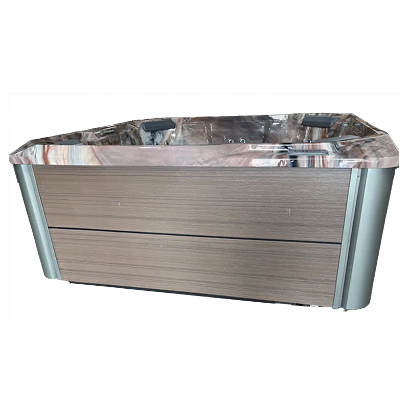 Modern rectangular hot tub with wood panel exterior and marble-like interior finish, equipped with headrests and jets.