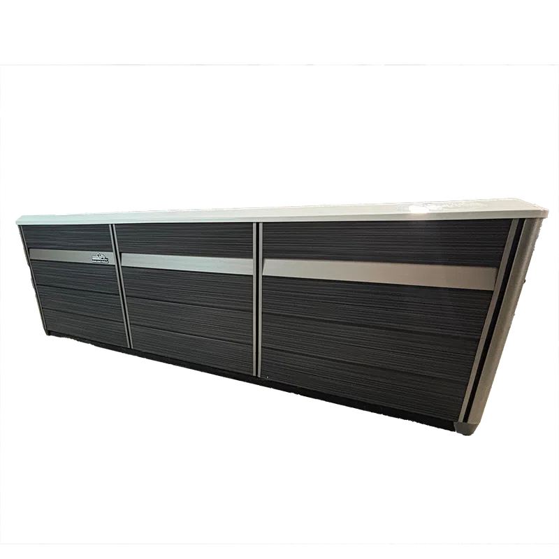 Modern black and silver outdoor bar cabinet with textured panels on transparent background