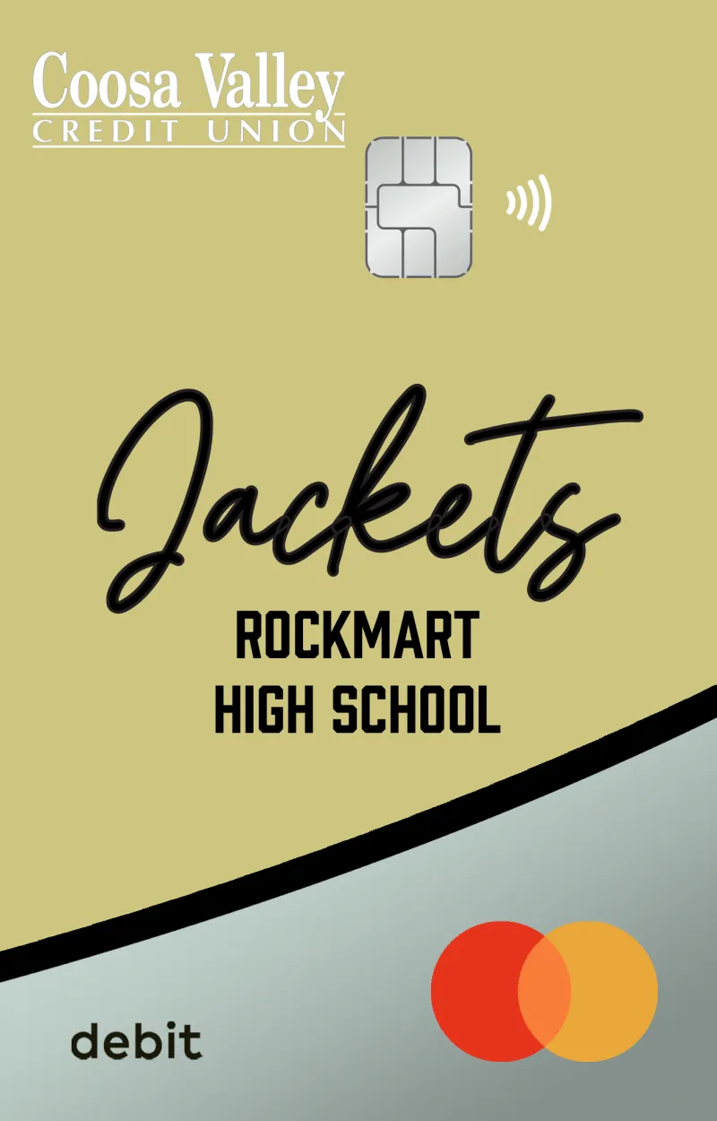 Custom Coosa Valley Credit Union debit card for Rockmart High School Jackets with chip and Mastercard logo.