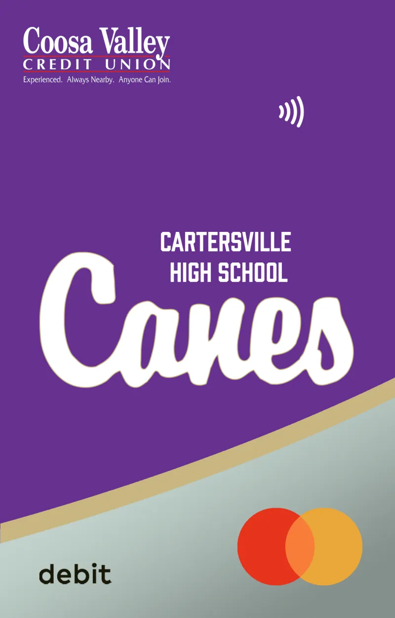 Coosa Valley Credit Union debit card with Cartersville High School Caves logo on purple and gray background.