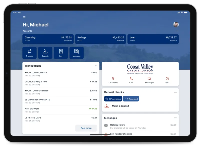 Mobile banking app interface displaying account balances and recent transactions on a tablet.