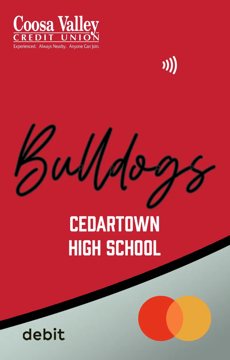 Coosa Valley Credit Union Bulldogs Cedartown High School debit card with Mastercard logo and contactless symbol.