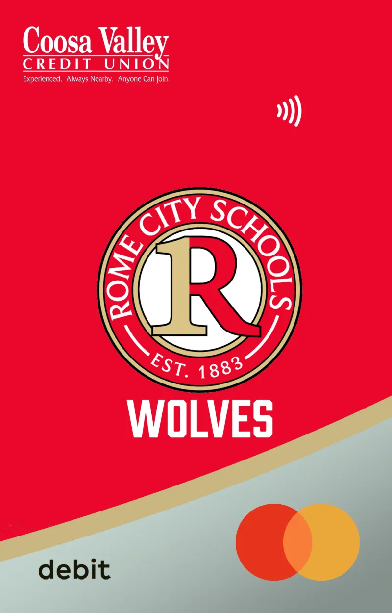 Coosa Valley Credit Union red debit card featuring Rome City Schools Wolves logo with Mastercard symbol.