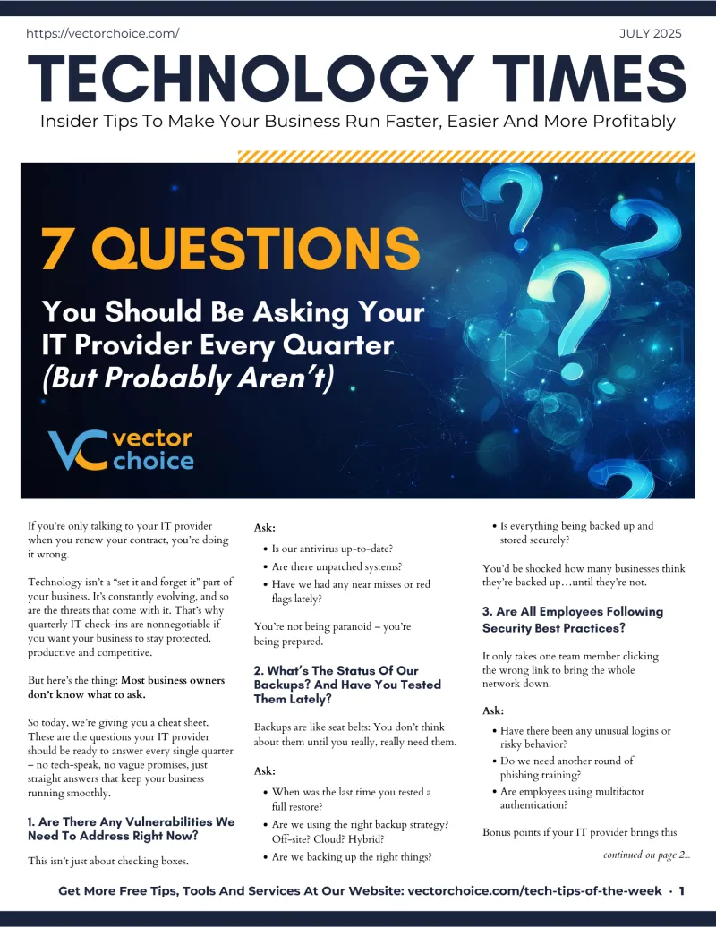 Technology Times cover highlighting 7 key questions for IT providers with futuristic question marks graphic.