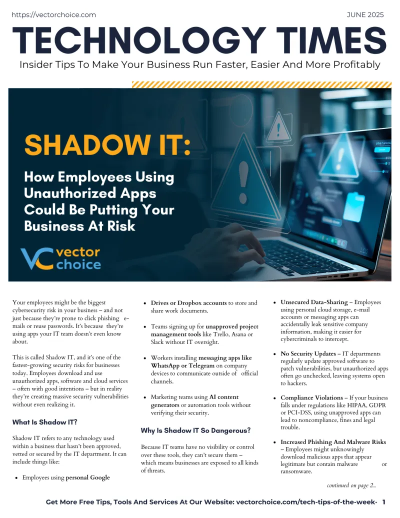Magazine cover titled Technology Times highlighting the risks of Shadow IT and unauthorized employee applications.