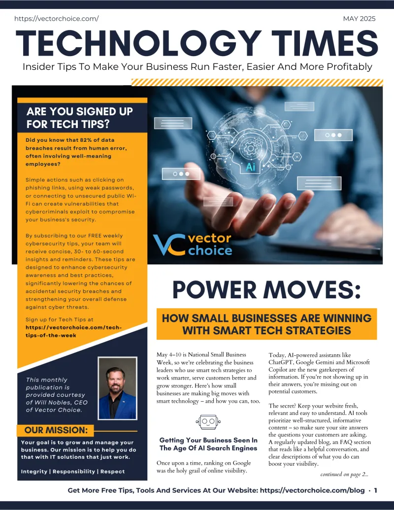 Technology Times magazine cover highlighting AI and smart tech strategies for small business success, May 2025.