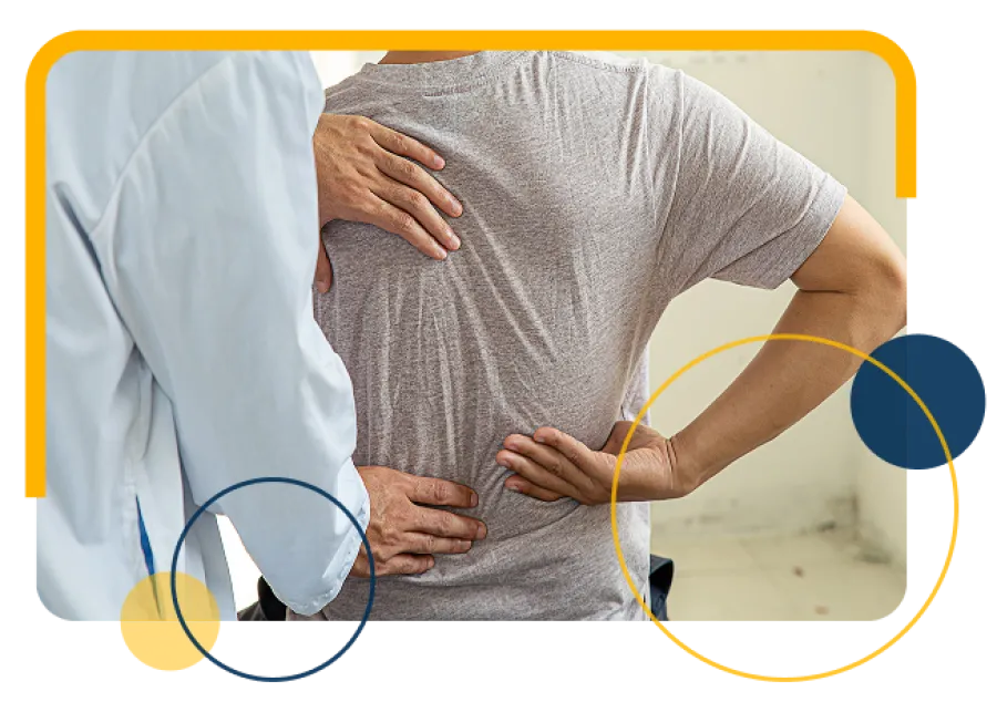 Doctor examining patient's back pain with hands pressing on lower and upper back areas indoors.