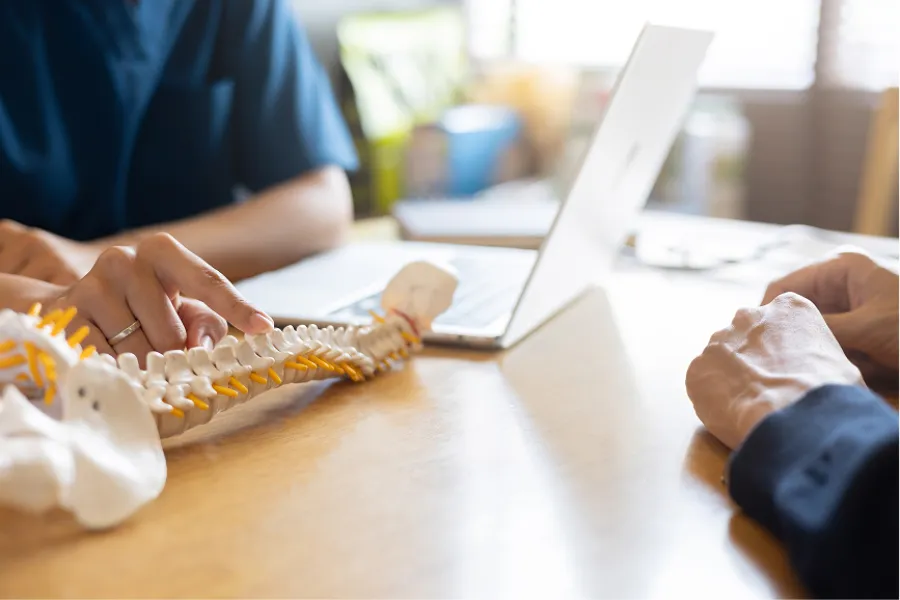 Doctor explaining spine anatomy with model to patient during consultation at desk with laptop.