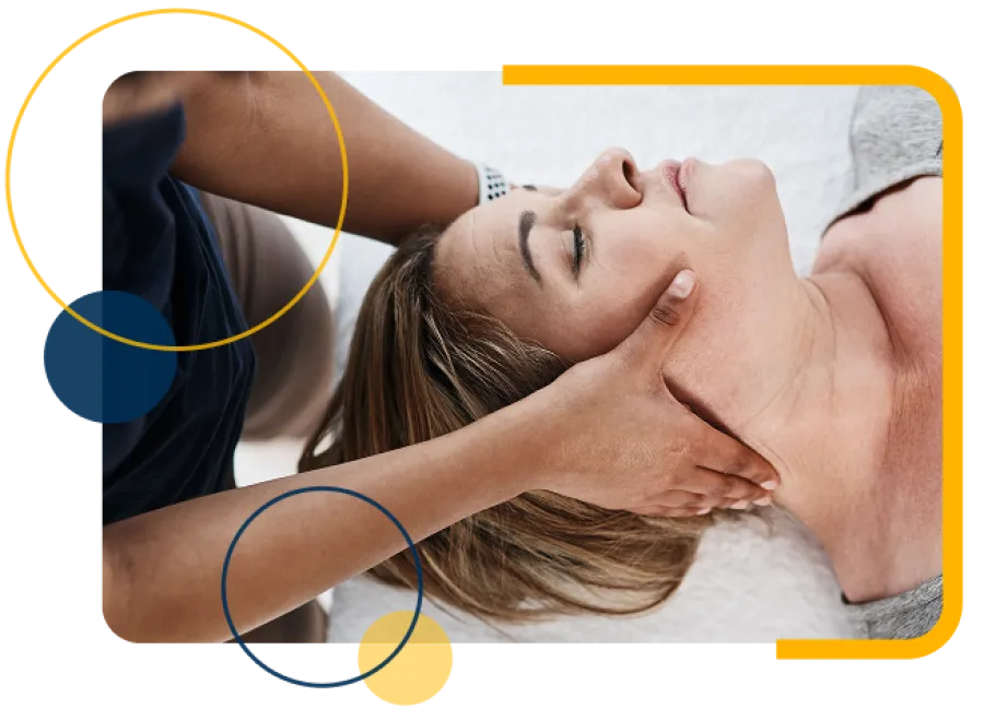 Woman receiving a relaxing neck massage with closed eyes and calm expression on white background.