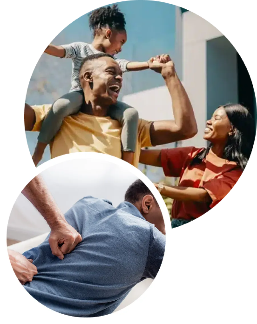 Happy family outdoors with child on father's shoulders and a man receiving a back massage indoors.