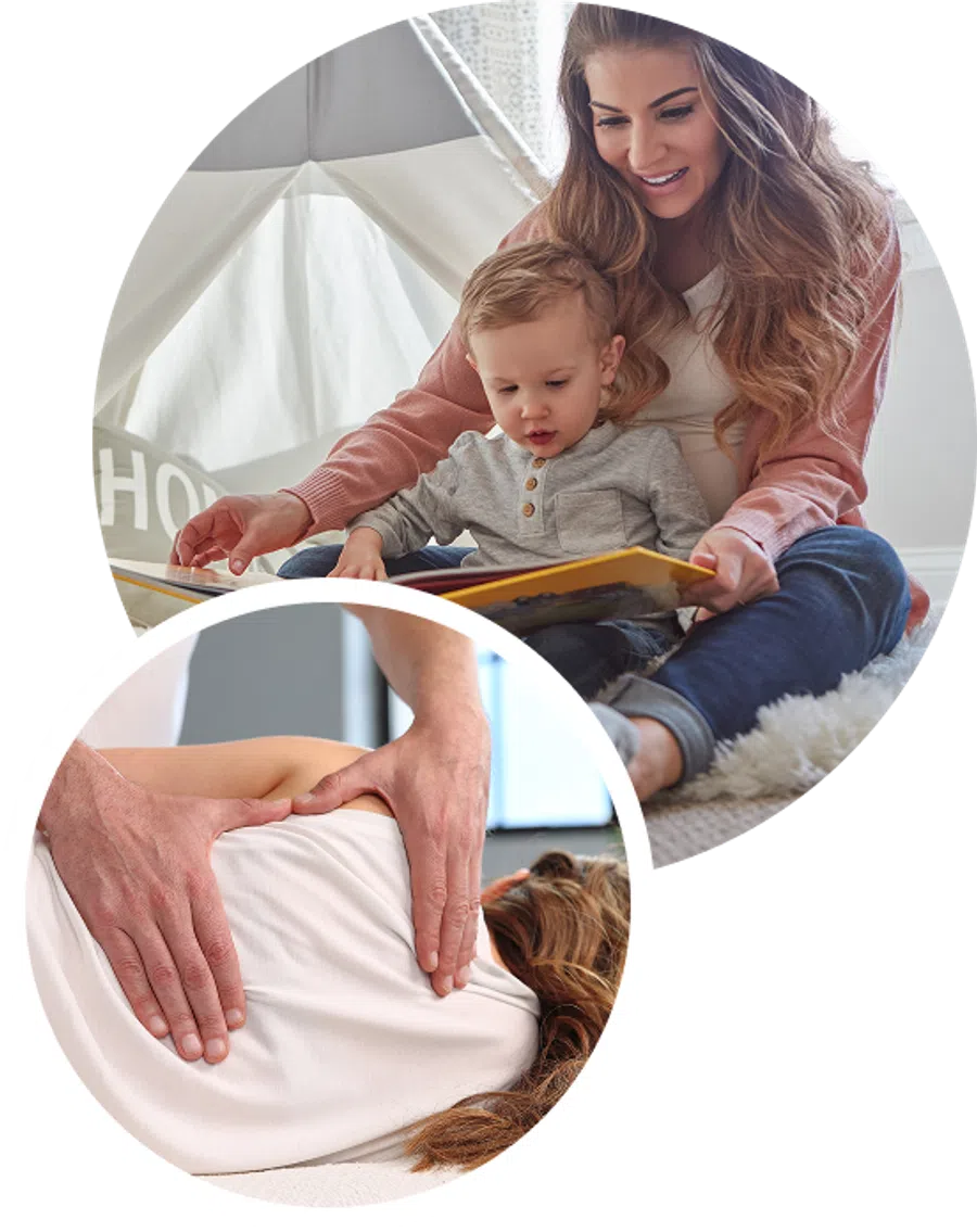 Mother reading a book to her child while a chiropractor adjusts a woman's back in an inset circle.