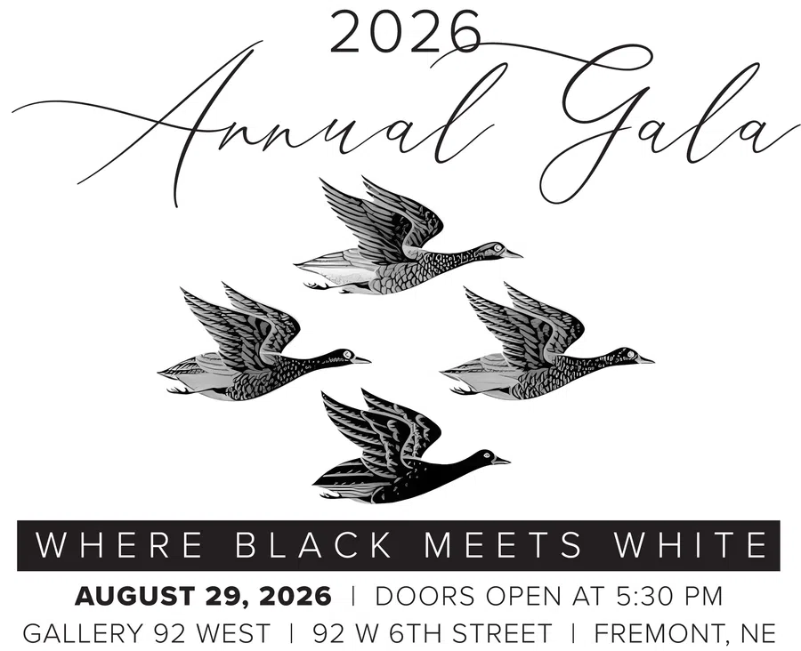 2026 Annual Gala flyer with flying ducks and event details for August 29 at Gallery 92 West in Fremont, NE.