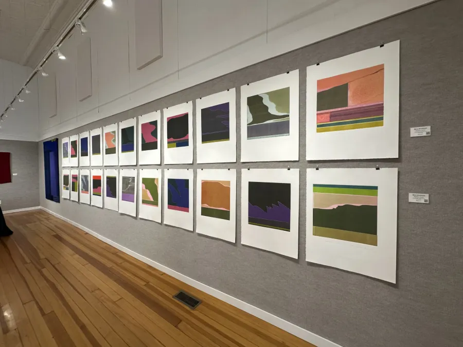 Gallery wall displaying a series of colorful abstract landscape paintings in a modern art museum.