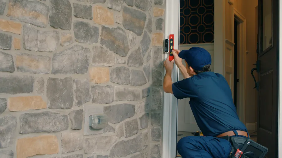 Technician in blue uniform installing smart door lock on stone wall next to open door at home entrance.