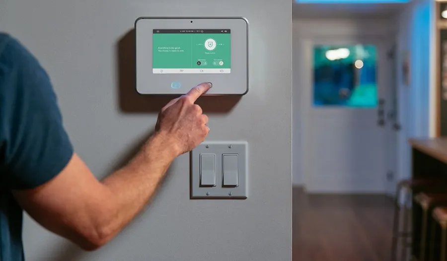 Person setting home security system on wall-mounted touchscreen control panel next to light switches