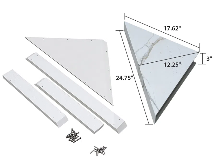 Triangle-shaped white marble shower bench with mounting hardware and wooden supports against white background.