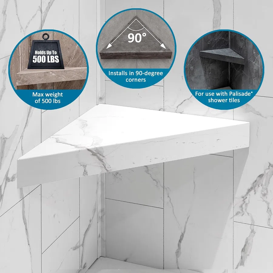 Carrara Marble corner shower bench installed in 90-degree corner, supports up to 500 lbs, fits Palisade shower tiles.