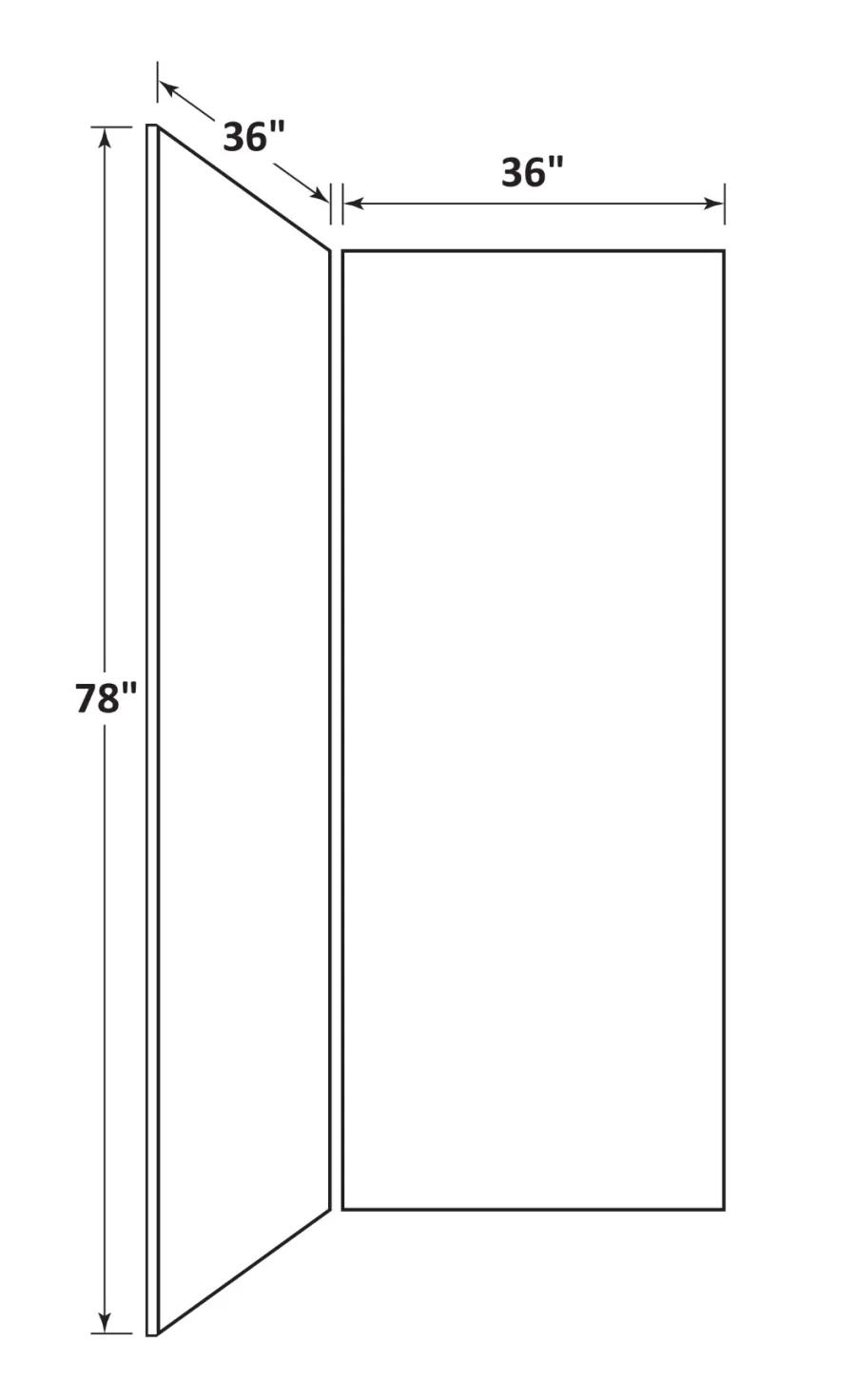 Diagram showing dimensions of two connected panels each 36 inches wide and 78 inches tall forming a folded structure.