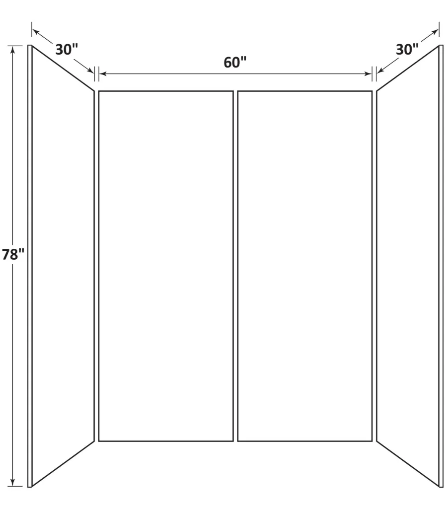 Diagram showing dimensions of a three-panel folding display with two 30-inch side panels and a 60-inch center panel, 78 inches tall.