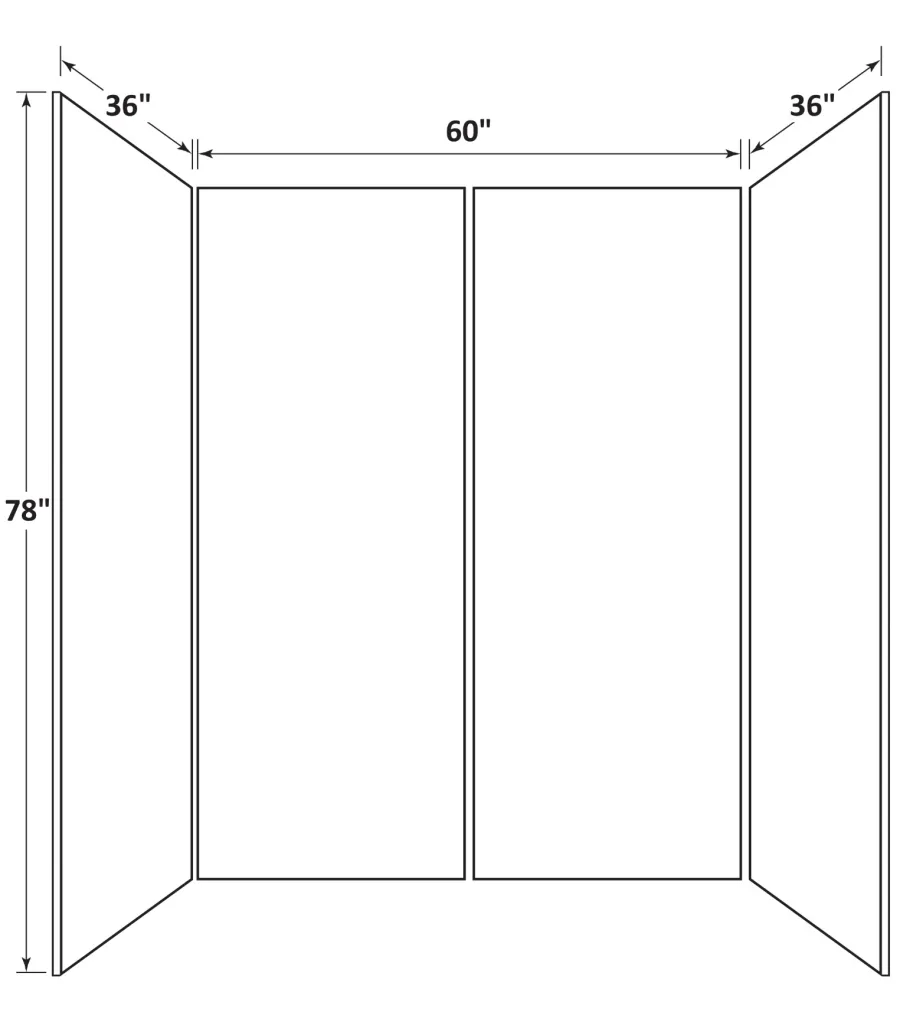 Diagram of a three-panel display board with side panels 36 inches wide and center panels 60 inches wide and 78 inches tall.