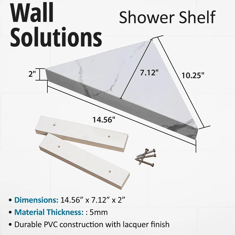Triangular white marble-effect shower shelf with wooden supports and screws, measuring 14.56x7.12x2 inches.