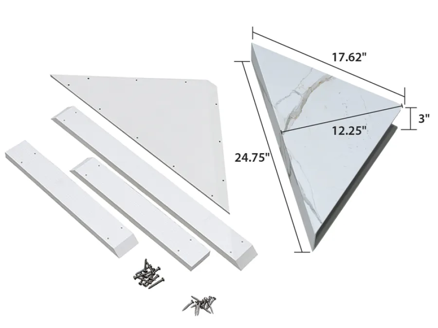 White triangular marble shelf with mounting brackets and screws, dimensions labeled for installation