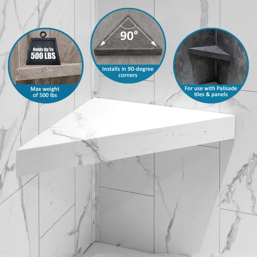 White marble corner shower seat supporting up to 500 lbs, fits 90-degree corners, compatible with Palisade tiles and panels.