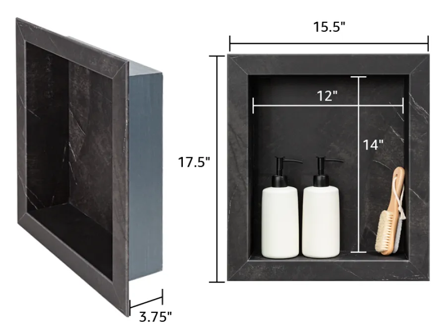 Black marble recessed shower niche with dimensions and two white bottles and brush displayed inside.