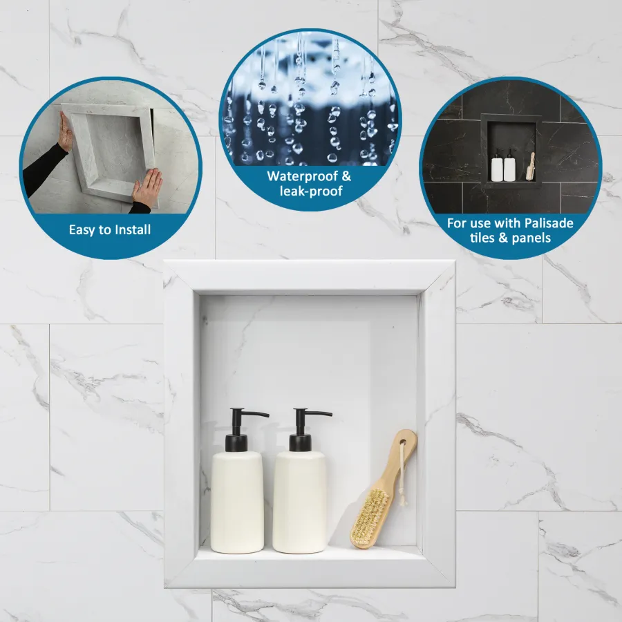 Built-in shower niche with marble tiles holding soap dispensers and a brush, waterproof and easy to install.