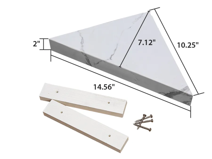 Triangle marble shelf with dimensions and mounting brackets with screws on white background.