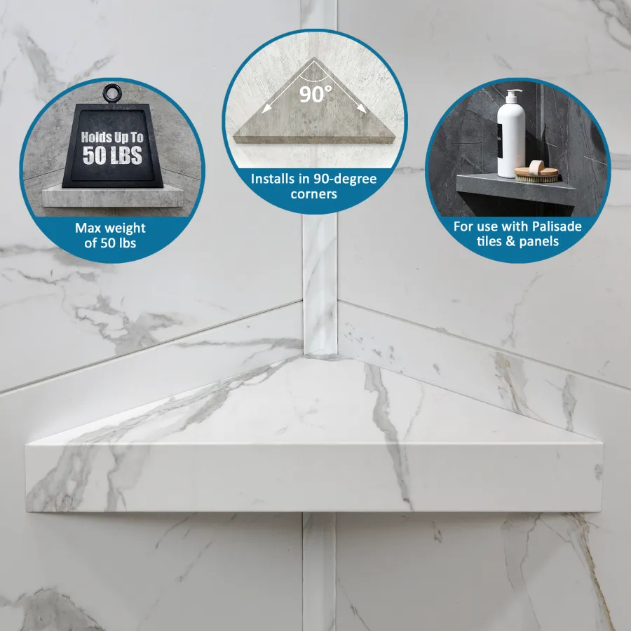 Marble corner shelf installed in 90-degree corner holds up to 50 lbs, designed for Palisade tiles and panels.