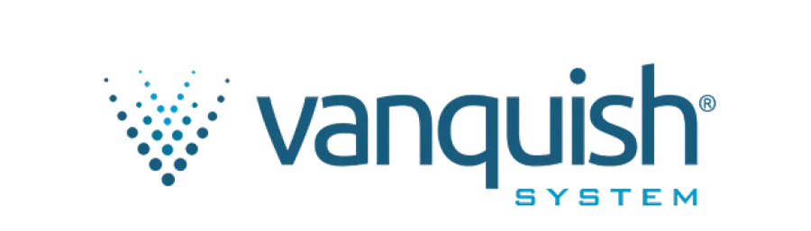 Vanquish System logo with stylized dotted V design in blue and modern font.