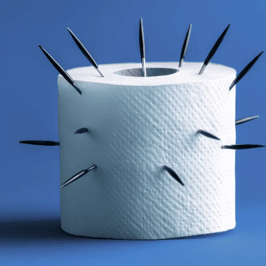 Roll of white toilet paper pierced with multiple black needles against a solid blue background