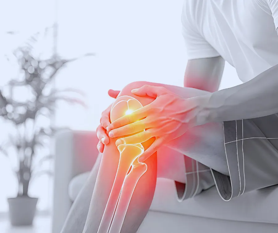 Person holding knee in pain with highlighted knee joint bones and red inflammation effect.