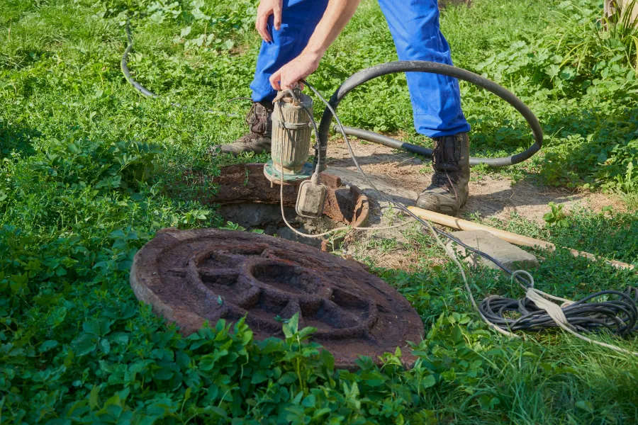 Worker in blue pants repairing or inspecting a pump well with rusted manhole in green grass.