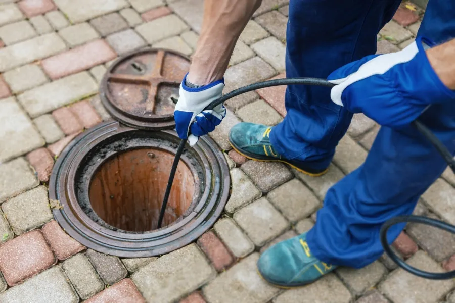 Worker wearing gloves and boots inspecting an open manhole with a cable on a brick-paved surface.