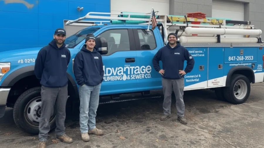 Three plumbers in hoodies standing beside a blue Advantage Plumbing & Sewer Co. service truck with ladders on top.