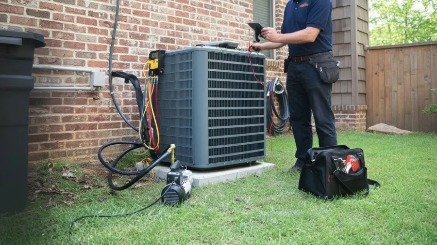 Technician servicing outdoor air conditioning unit on a residential lawn beside a brick house.