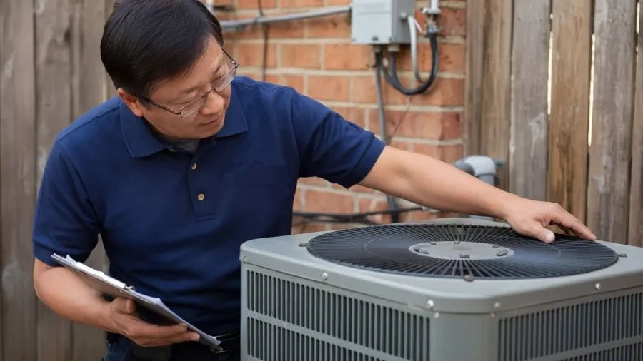 Technician inspecting outdoor HVAC unit while holding clipboard near brick wall and wooden fence.