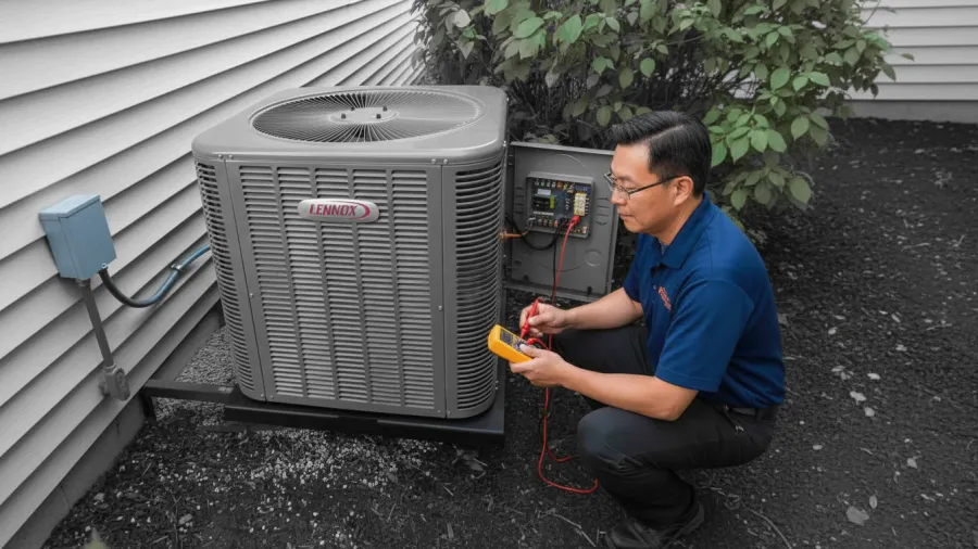 Technician in blue shirt testing Lennox air conditioning unit outdoors with multimeter near house siding and shrubs.
