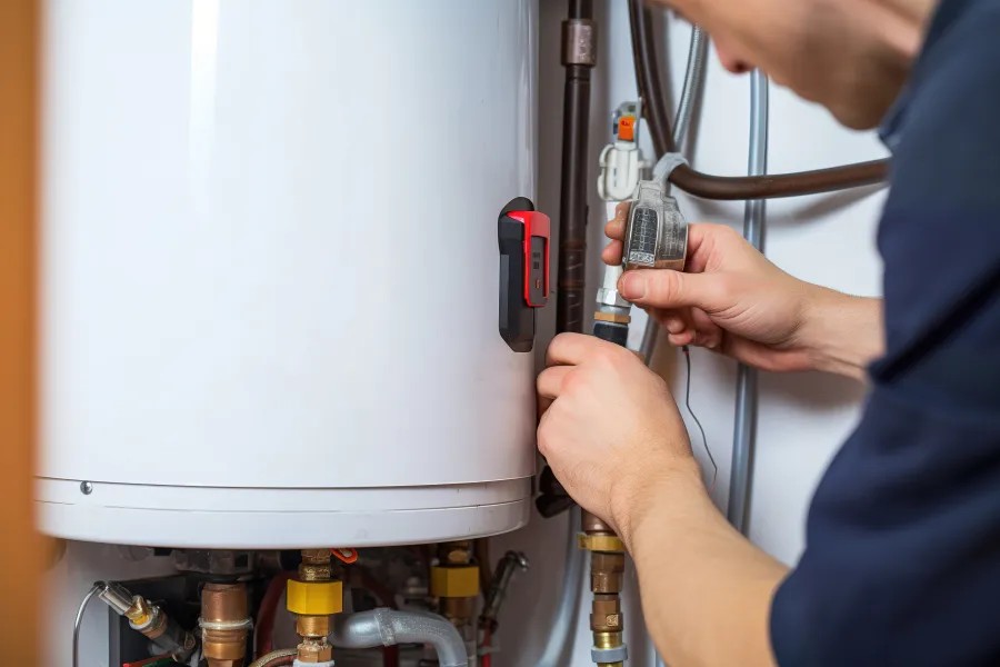 Technician adjusting a valve on a white home water heater with pressure gauge and pipes.