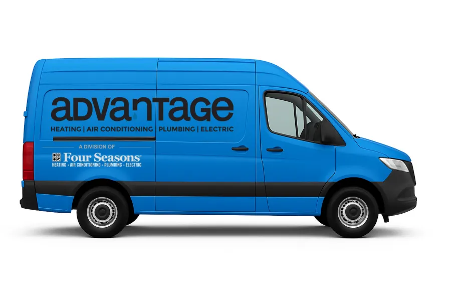 Blue service van with Advantage Heating, Air Conditioning, Plumbing, and Electric branding on side.