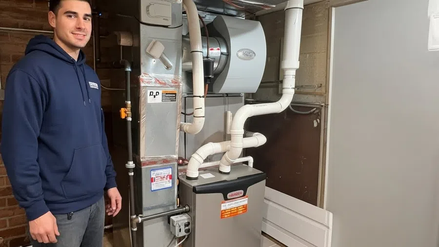 Technician standing next to a modern HVAC system with white pipes and a control panel in a basement room